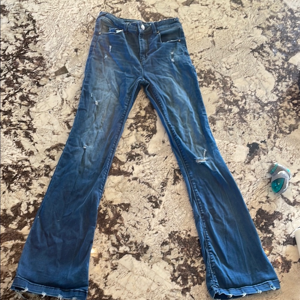 Rewash Blue Flare Wide Leg Jeans with Distressed Details